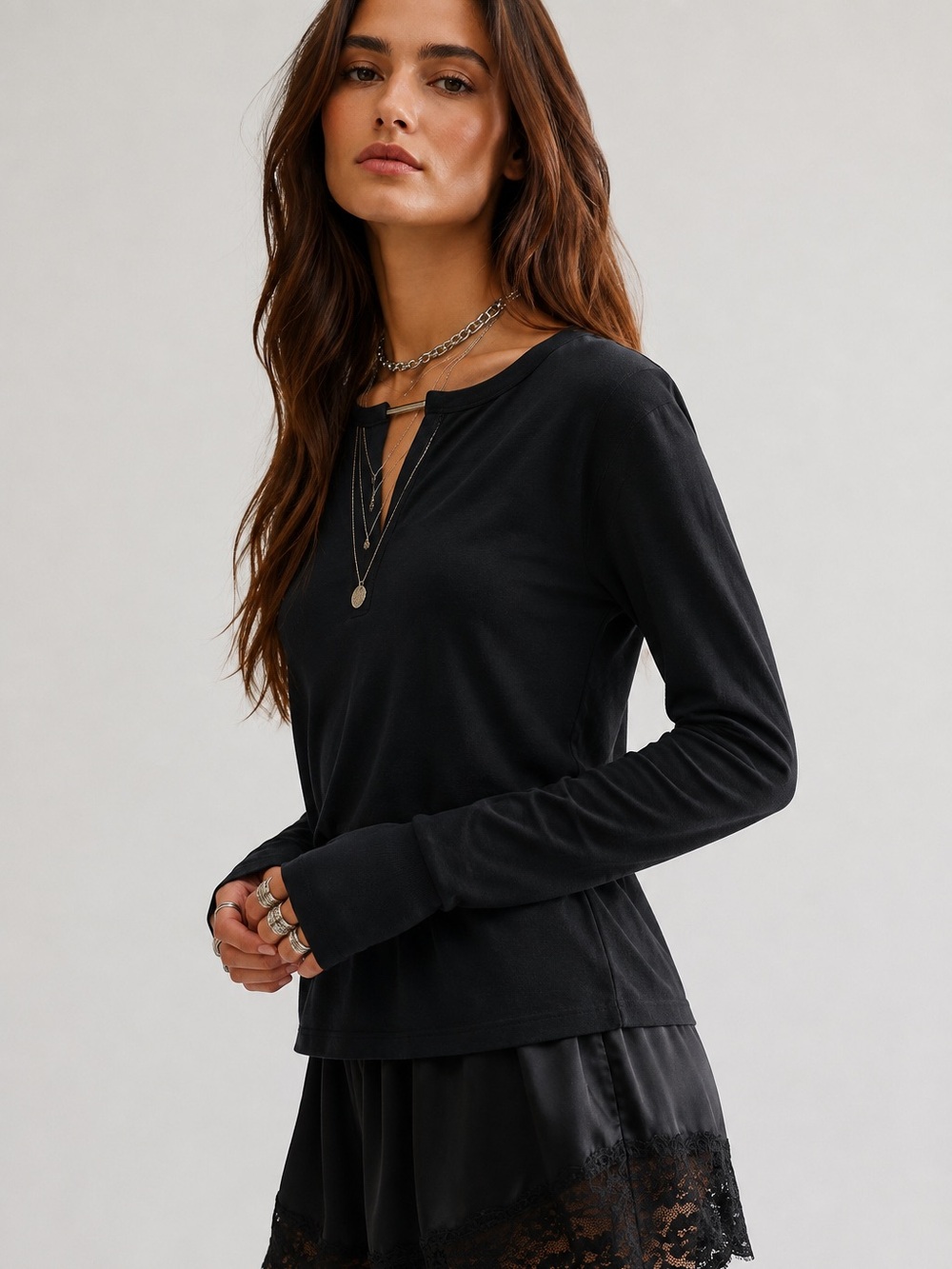 165. Long-Sleeve Black Women's Top with Notch Neck